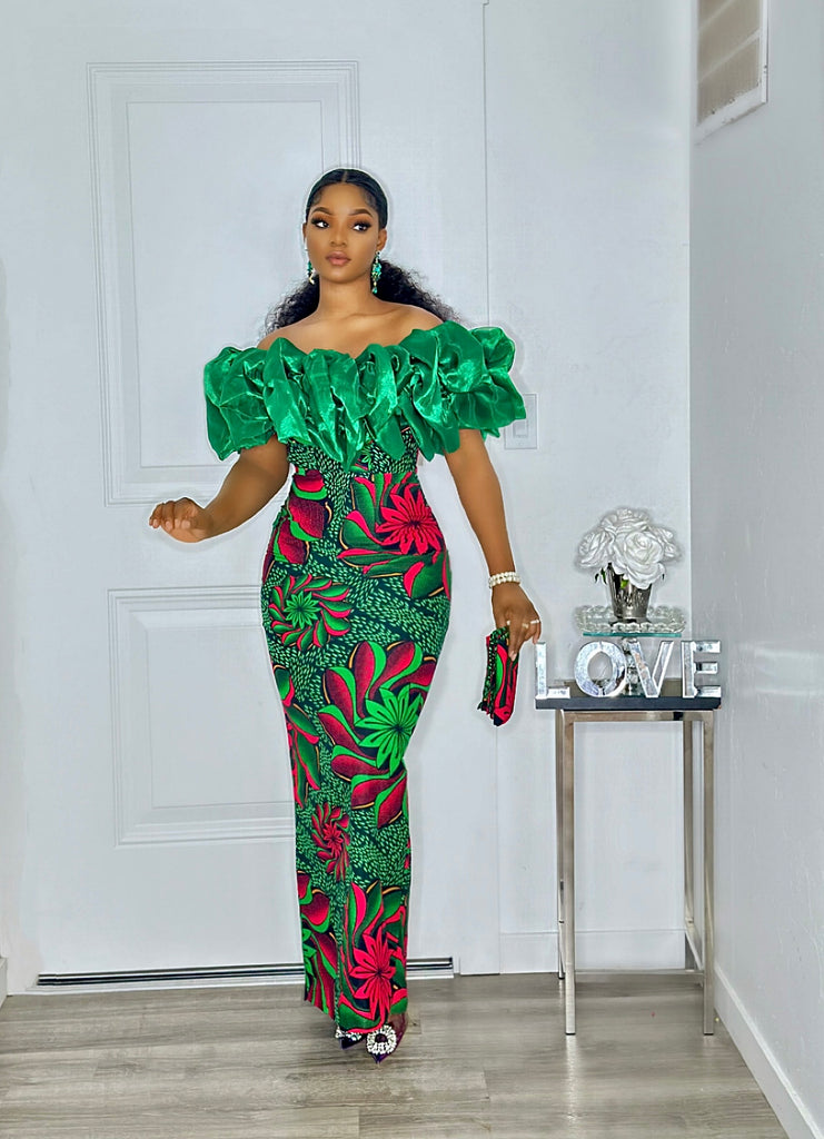 Luxury Puffy Ruffles Off Shoulder "Riri" Ankara Dress VAZI BRAND Luxury Puffy Ruffles Off Shoulder "Riri" Ankara Dress VAZI BRAND