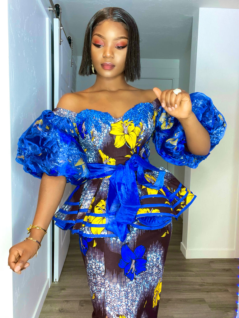 Ankara two piece set Kin” Puffy sleeves top and front slitted skirt. –  VAZI BRAND