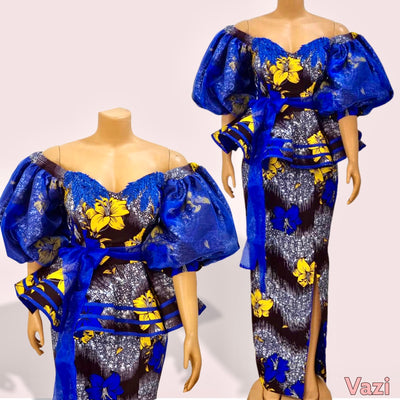 Ankara two piece set "Kin” Puffy sleeves top and front slitted skirt.